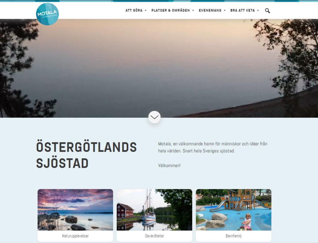 Startsida på en hemsida där det står "Motala Östergötlands sjöstad"
